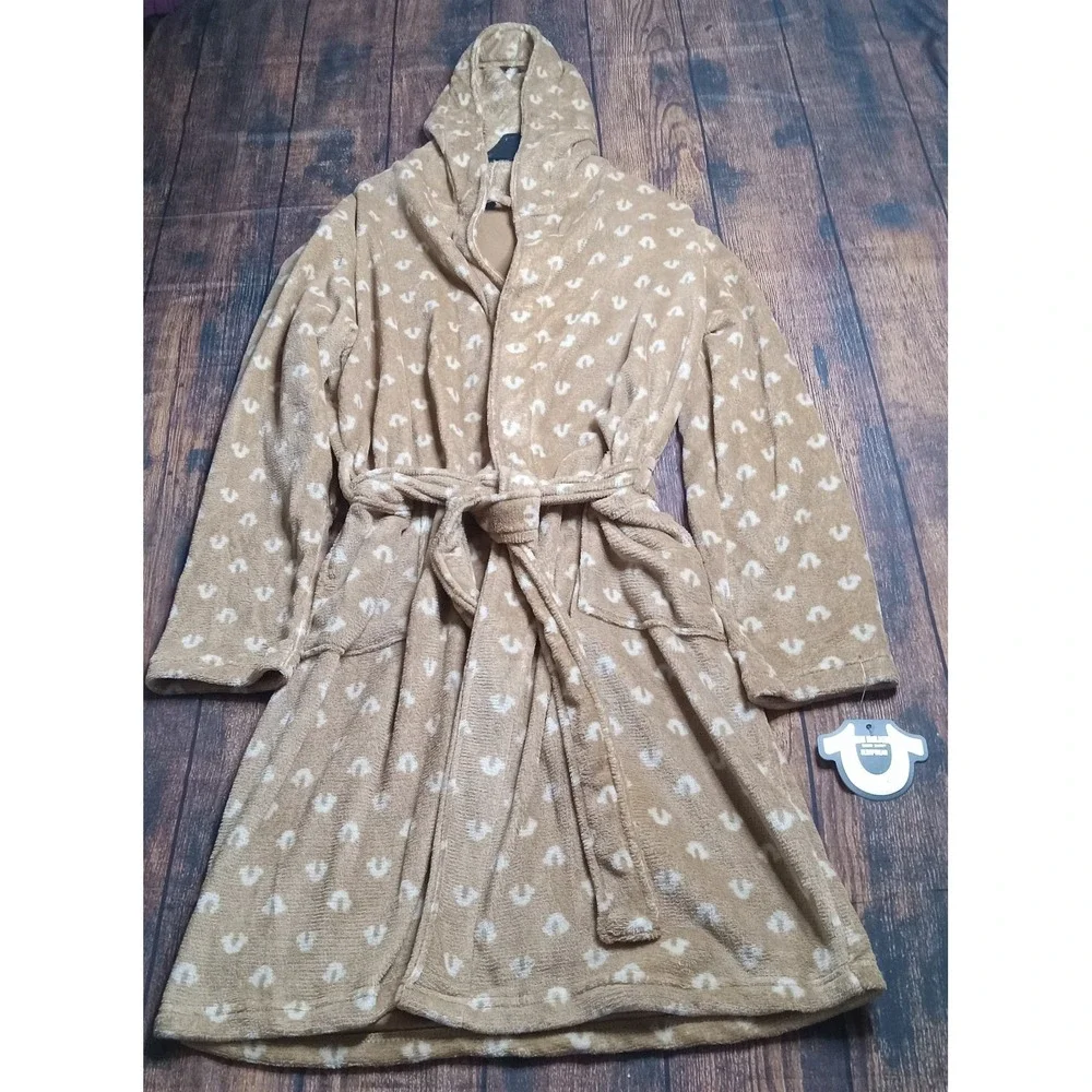 True Religion Men's Sleepwear Robe Pockets Hooded Beige Size Medium‎ New